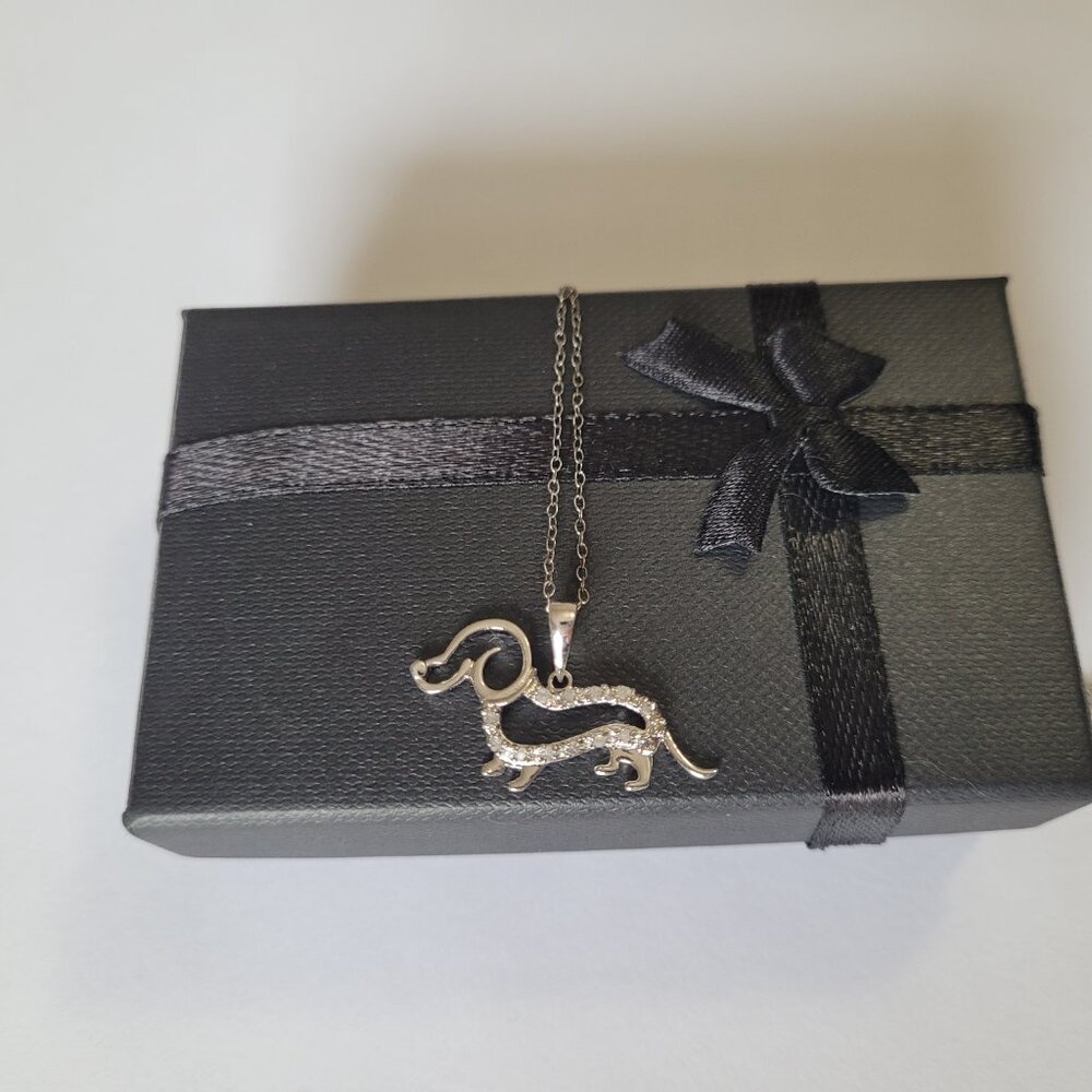 Dog Diamond Sterling Pendant Necklace Dachshund Weenie Doxie Dog Lover - Picture 3 of 16